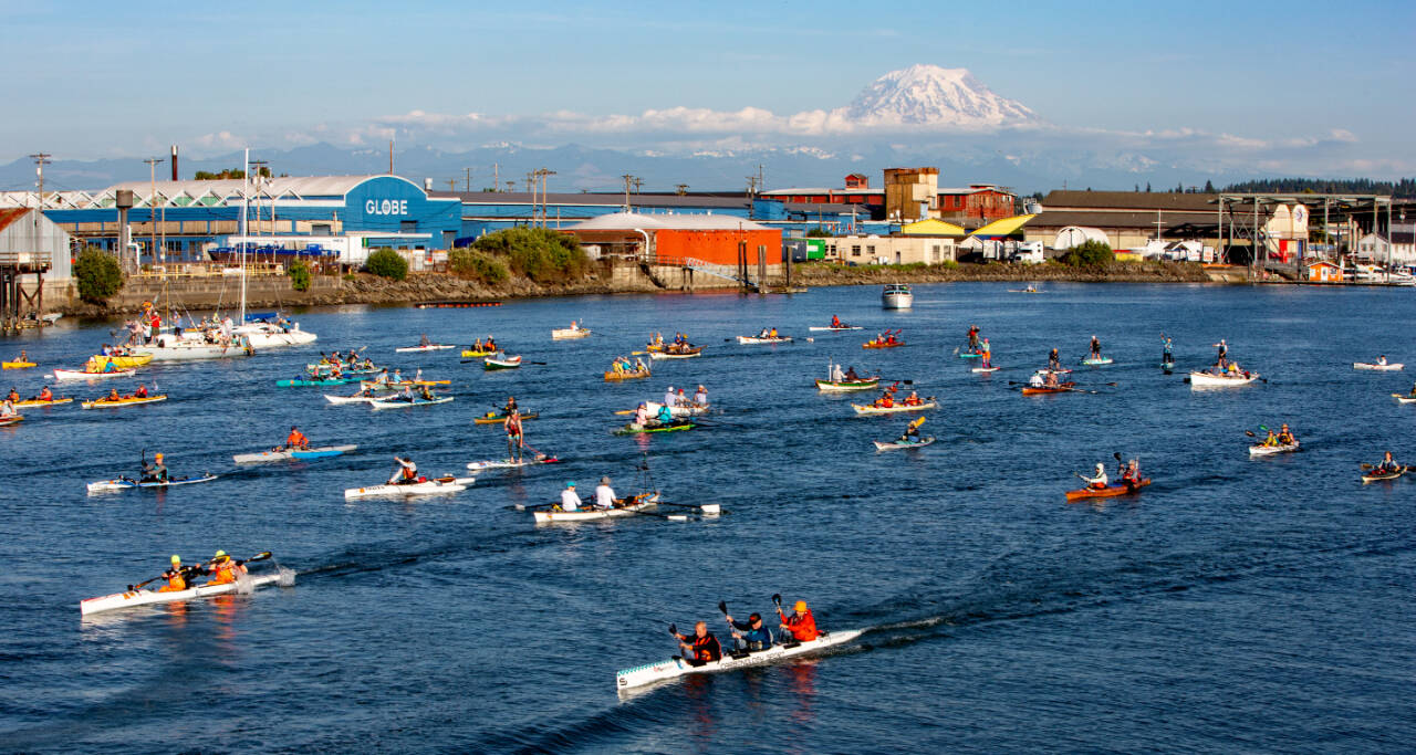 A flotilla of racers takes off in Tacoma on Friday on its way to Port Townsend for the 2025 SEVENTY48 human-powered race. (Mark Cole)