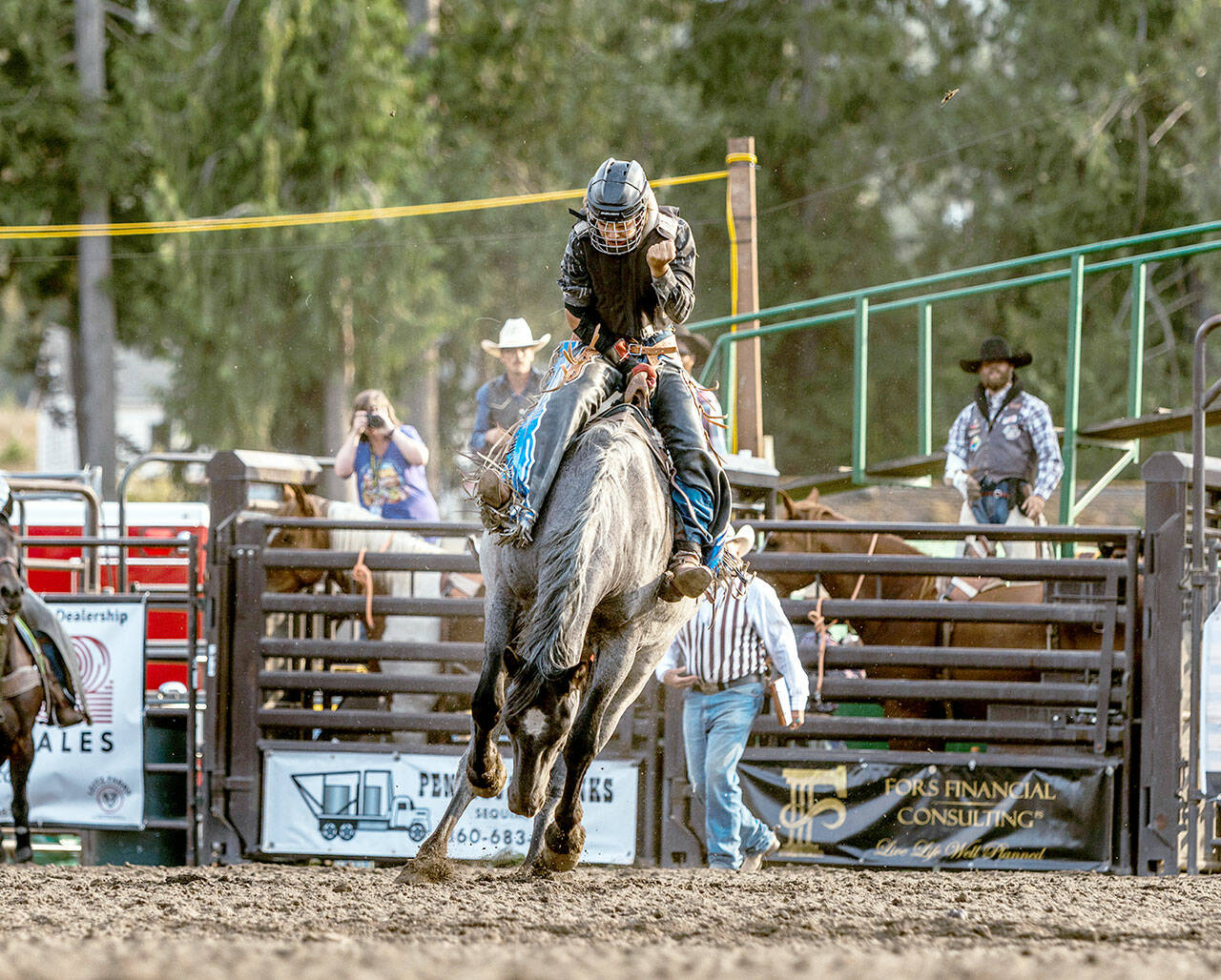 Conner Mead in the Bareback competition at last year’s Peninsula Junior Rodeo at Clallam County Fairgrounds. In July, he will compete in the event at the National High School Rodeo Finals. (Photo by Emma Lou)