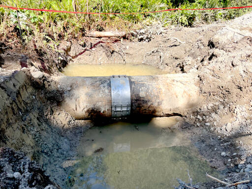 An encapsulated engineered coupler used to repair a January leak. The leak occurred along a similar welded joint near to the current leak. (City of Port Townsend)