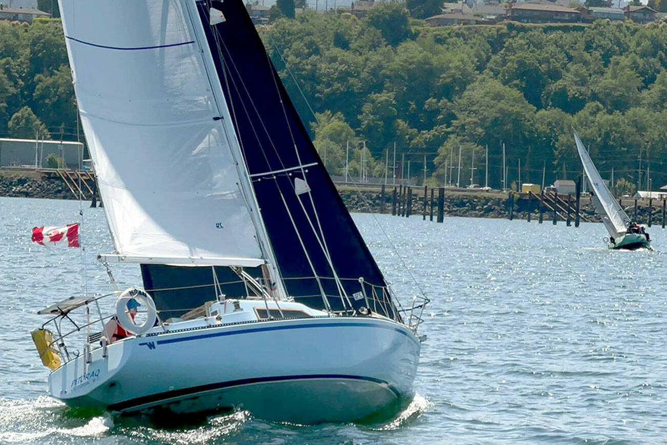 Photo by Karen O'Donnell
Hands Across the Water International Yacht Race participants finish the Victoria-to-Port Angeles portion of the race in Port Angeles Harbor last Saturday.