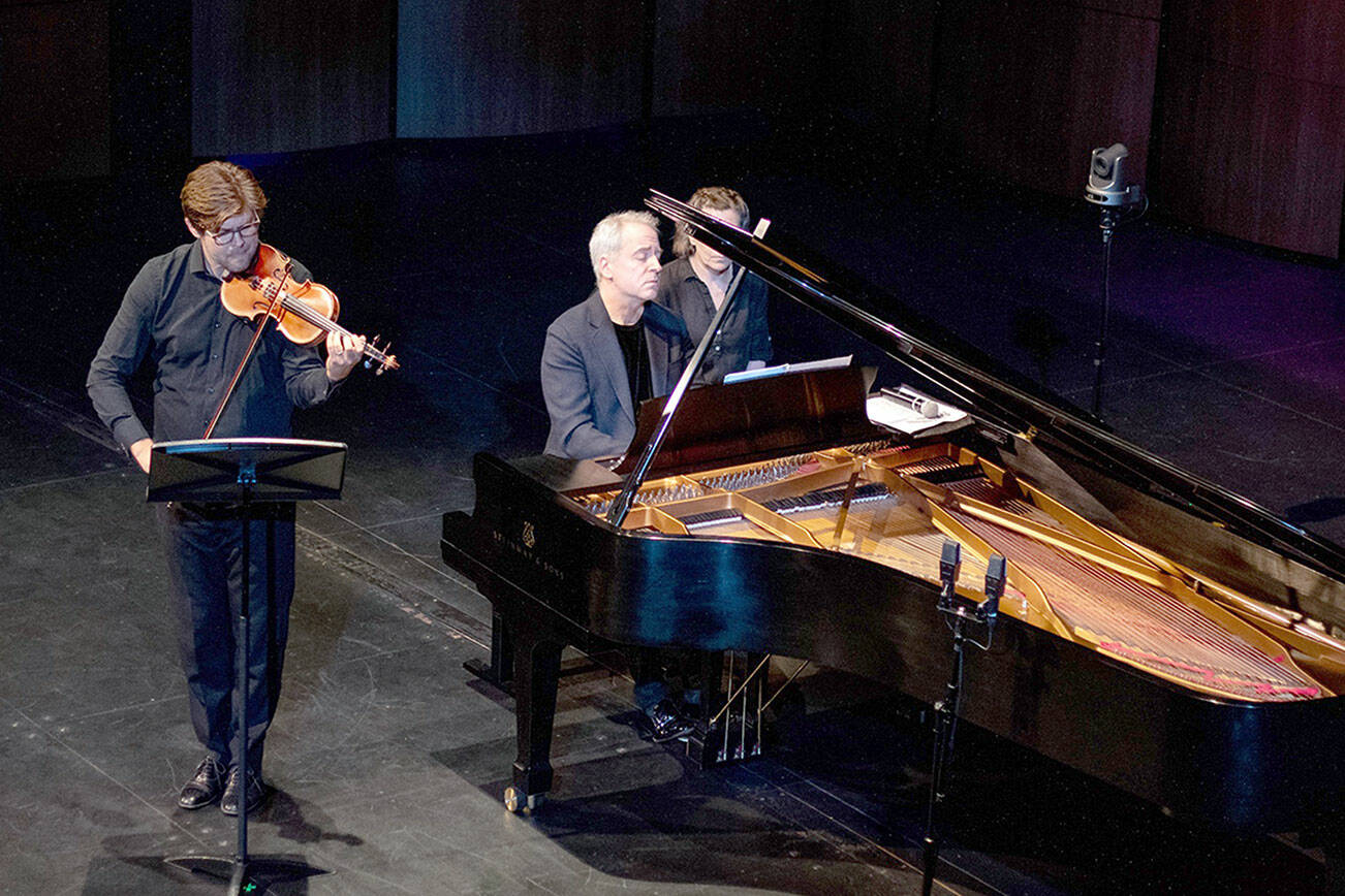 James Garlick, violin, left, and Jeremy Denk, at the piano. Tickets are on sale for this year’s Music on the Strait performances at two Port Angeles venues. (Nora Pitaro)