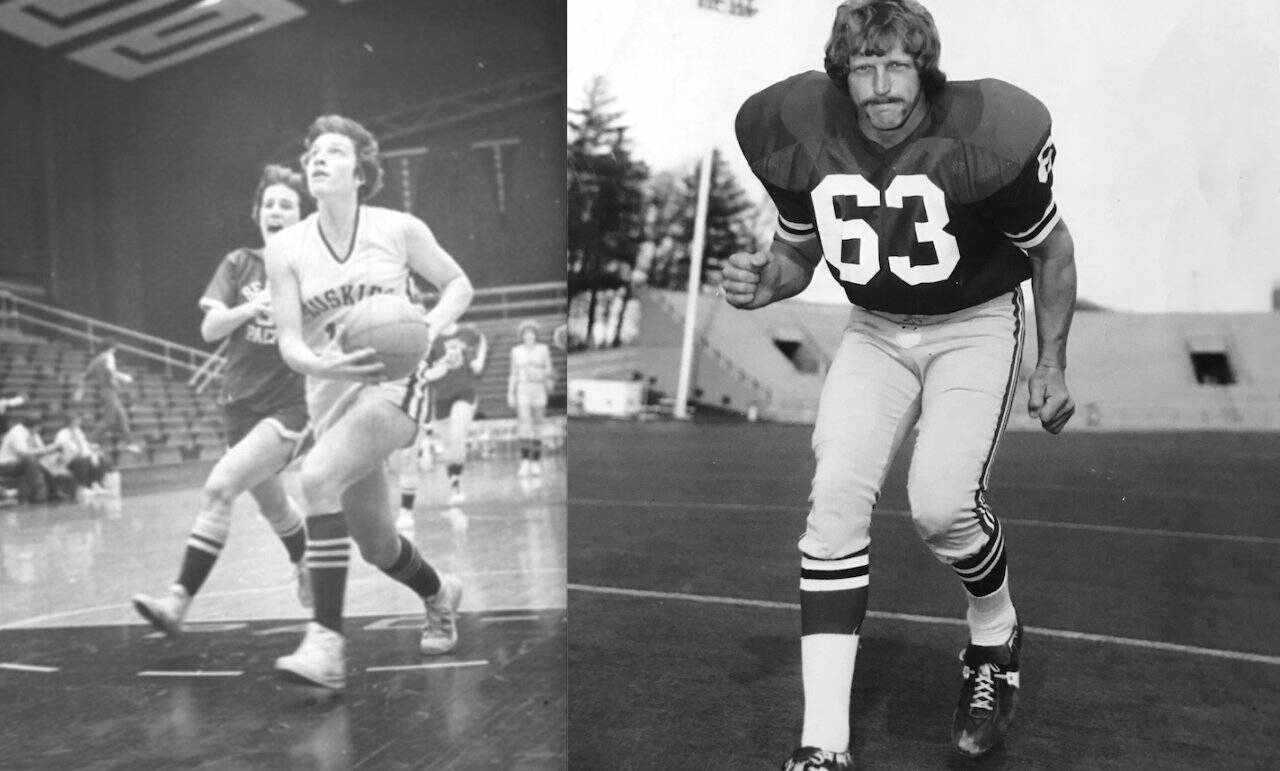 At left, Sherri Felton, here playing for the University of Washington, was the star player on the 1977 Port Angeles girls basketball team, the first girls team to make state since girls sports were reintroduced in Port Angeles in 1975. At right, Jerry Payne, here playing for Washington State, was a star player on the Port Angeles 1972 football team. He played tight end for the Roughriders and linebacker for the Cougars.