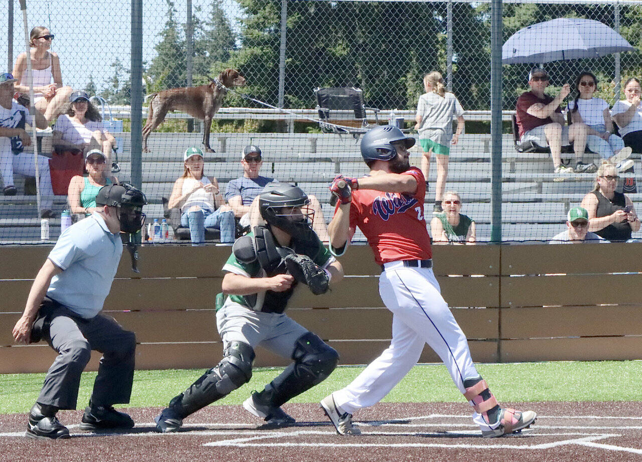 Wilder Senior's Kody Williams takes a big cut against Lakeside Elite at Volunteer Field on Sunday. The seniors won 6-1. (Dave Logan/for Peninsula Daily News)