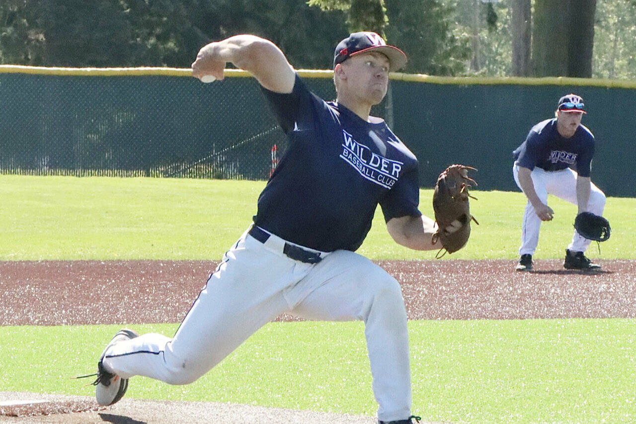 Wilder Senior’s Josiah Gooding fires to home plate in 2-1 victory over the WBS Colts Black traveling team. Gooding went two innings and struck out two as Wilder Senior improved to 18-5. (Dave Logan/for Peninsula Daily News)