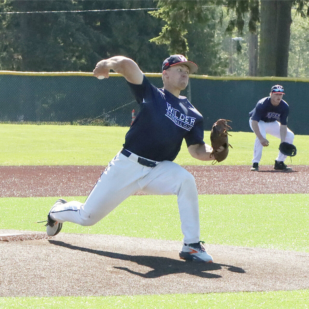 Wilder Senior’s Josiah Gooding fires to home plate in 2-1 victory over the WBS Colts Black traveling team. Gooding went two innings and struck out two as Wilder Senior improved to 18-5. (Dave Logan/for Peninsula Daily News)