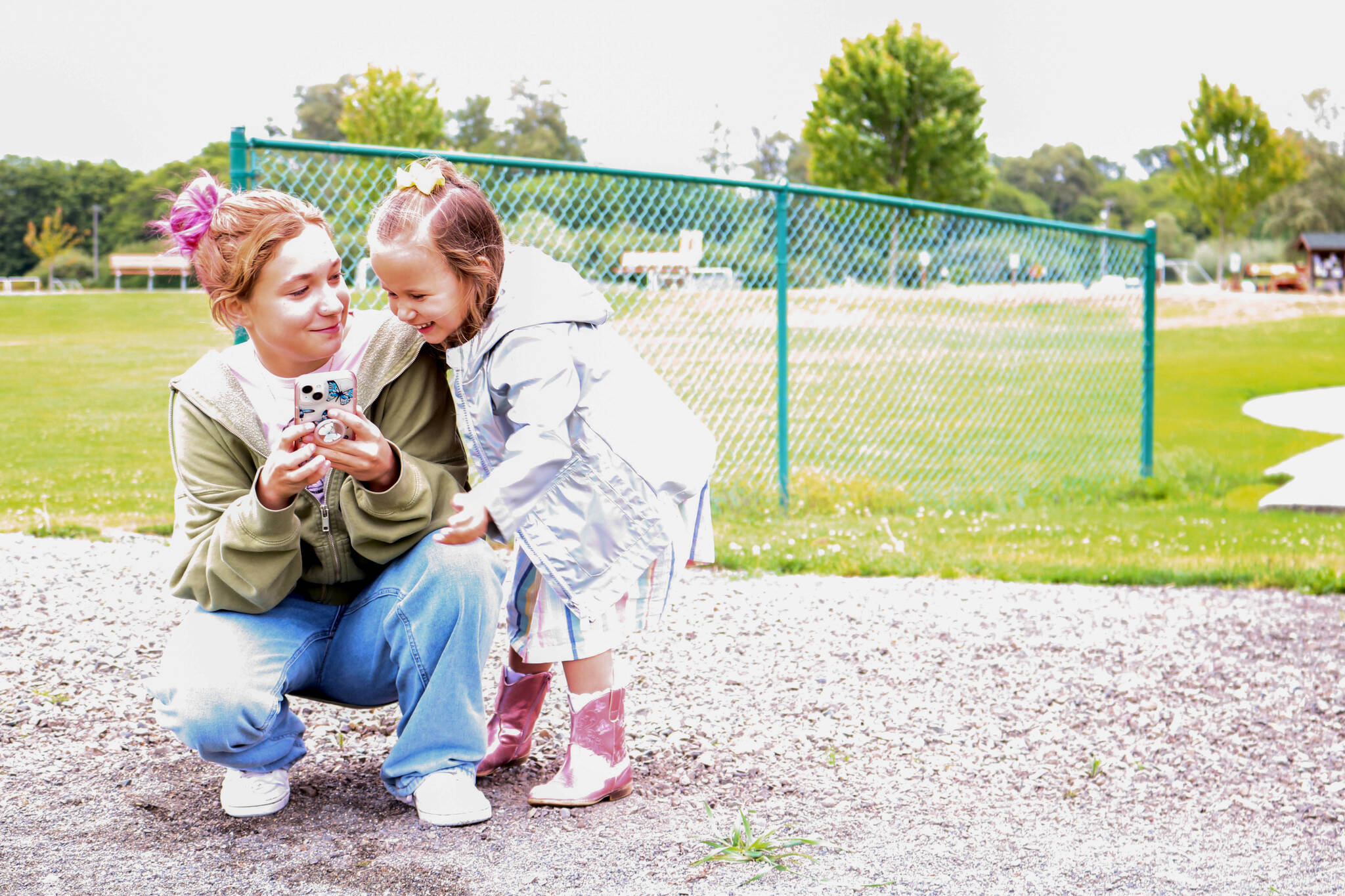 Avy and Maci Priest try out the “Agents of Discovery” app in the Water Reuse Demonstration Site last month. The app launched on June 26 and is free to download and use. (City of Sequim)