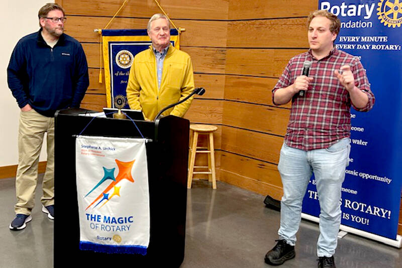 State Rep. Adam Bernbaum, D-Port Angeles, right, answers a question Friday during a Sequim Sunrise Rotary meeting. He was joined by state Sen. Mike Chapman, D-Port Angeles, left, and state Rep. Steve Tharinger, D-Port Townsend, middle. Each legislator spoke to the Rotary club and then took questions. They agreed it was a challenging four months in Olympia, particularly with budgeting. (Sequim Sunrise Rotary)