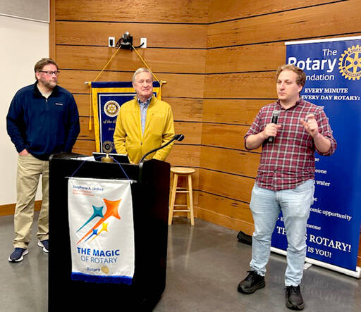 State Rep. Adam Bernbaum, D-Port Angeles, right, answers a question Friday during a Sequim Sunrise Rotary meeting. He was joined by state Sen. Mike Chapman, D-Port Angeles, left, and state Rep. Steve Tharinger, D-Port Townsend, middle. Each legislator spoke to the Rotary club and then took questions. They agreed it was a challenging four months in Olympia, particularly with budgeting. (Sequim Sunrise Rotary)