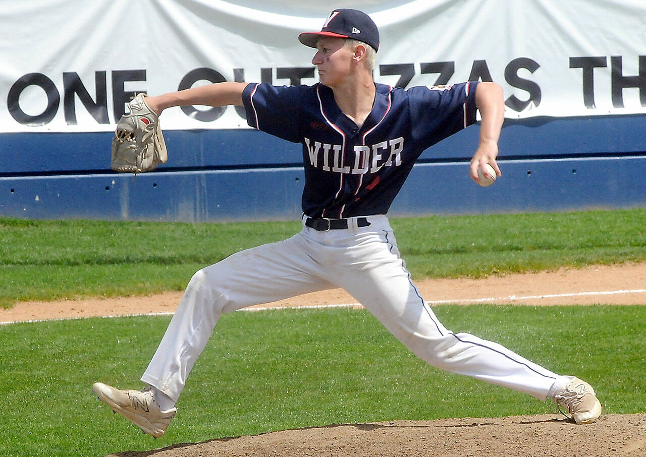 KEITH THORPE/PENINSULA DAILY NEWS Wilder Junior pitcher Owen Leitz throws against Kingston on Saturday afternoon at Port Angeles Civic Field.