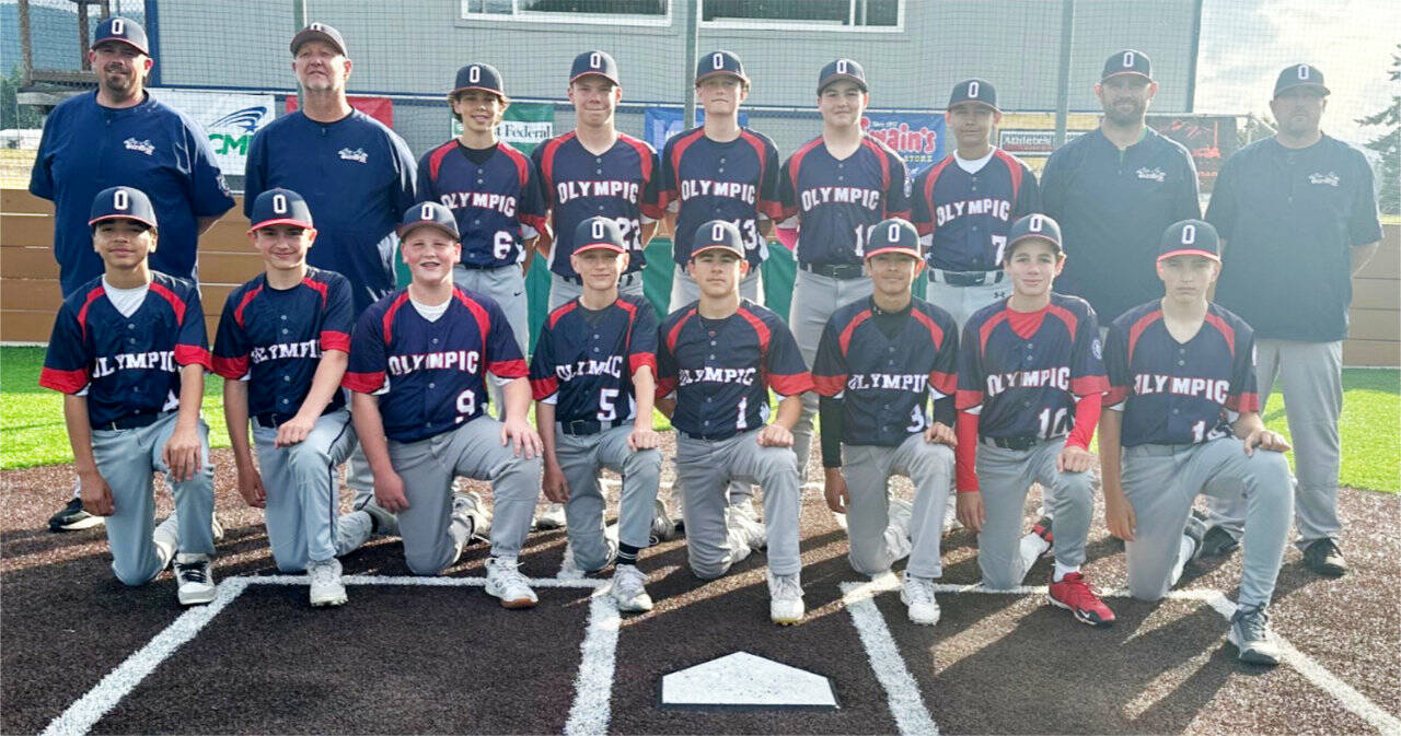 The Olympic 13U All-Stars swept the Lynden Lobos 13U team 10-0 and 8-4 last week and are now off as the Northern Washington representative to the Babe Ruth regionals beginning July 21 in Meridian, Idaho. From left, front row, are Julian Dominguez, Noah Kiser, Cooper Merritt, Drake Spence, Kyler Williams, coleman Keate, Jay Lieberman and Carson Greenstreet. From left, back row, are coach Evan Kiser, Manager Robert Merritt, Brycen Allen, Jacob Kimzey, Liam Shea, Gavin Doyle, Tristan Konopaski, coach Tyrell Spence and coach Bryan Greenstreet. (OJBR)