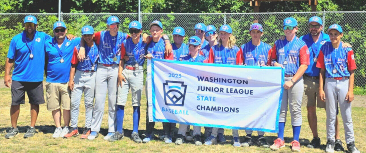 East Jefferson won the state junior Little League championship last weekend, beating Stilly Valley 15-4 in the title game. From left are coach Rafe Thornton, Coach Seth Boltinghouse, Noah Guenther, Braecen Anglin, Trig Fountain, Brayden Tuttle, Quinn Brinton, Mason Heinzinger, Shaun Guenther, Luca Blake, Logan Segar, Carson Boltinghouse, Devon Murray, Head Coach Dean Murray and Carter Thornton.