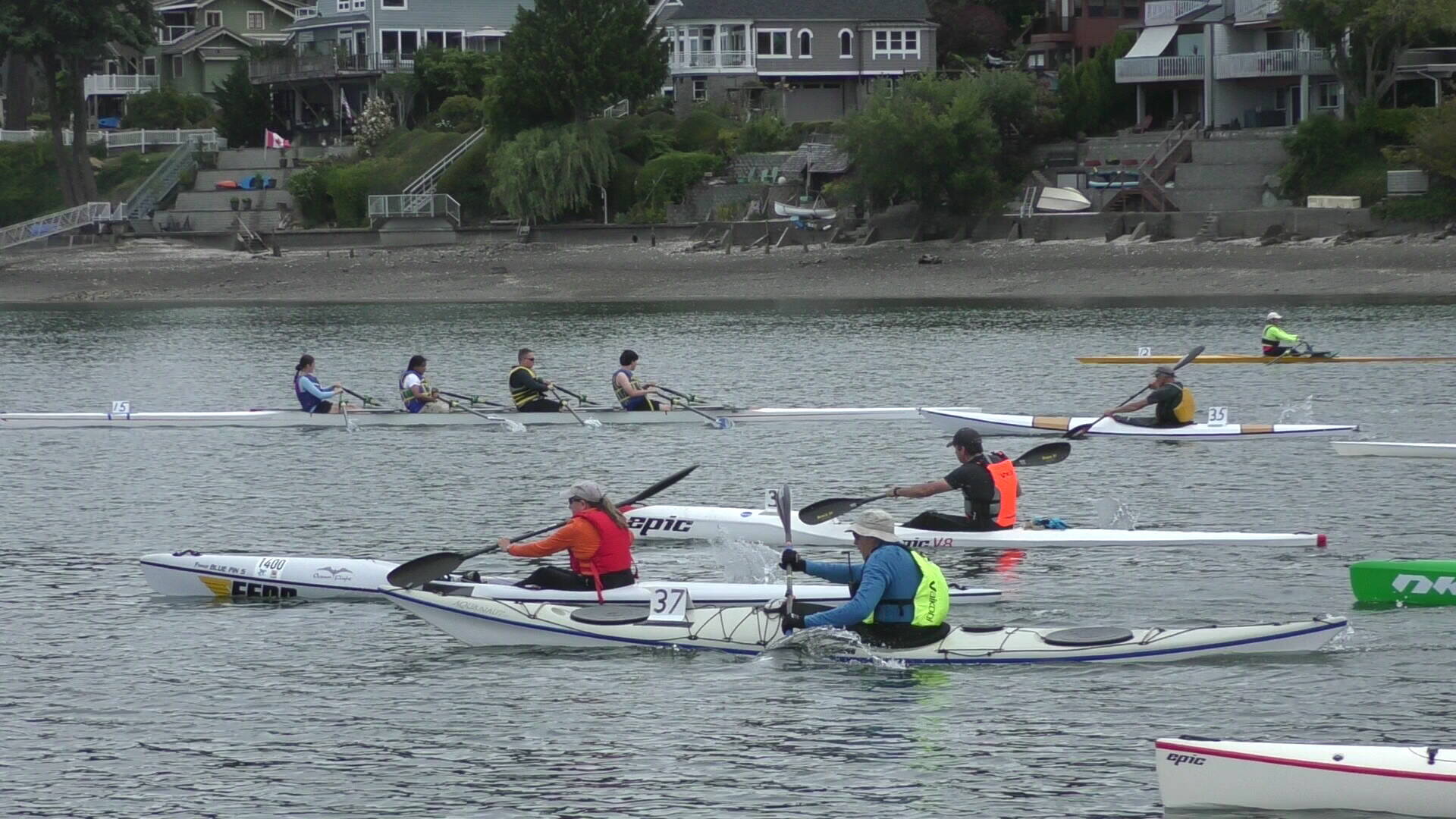 Danielle Woodhouse, Eagle Zuniga, Kai Erskine and Owen Standerwick lead all boats off the starting line at the Budd Inlet Regatta in Olympia last weekend. (Olympic Peninsula Rowing Association)