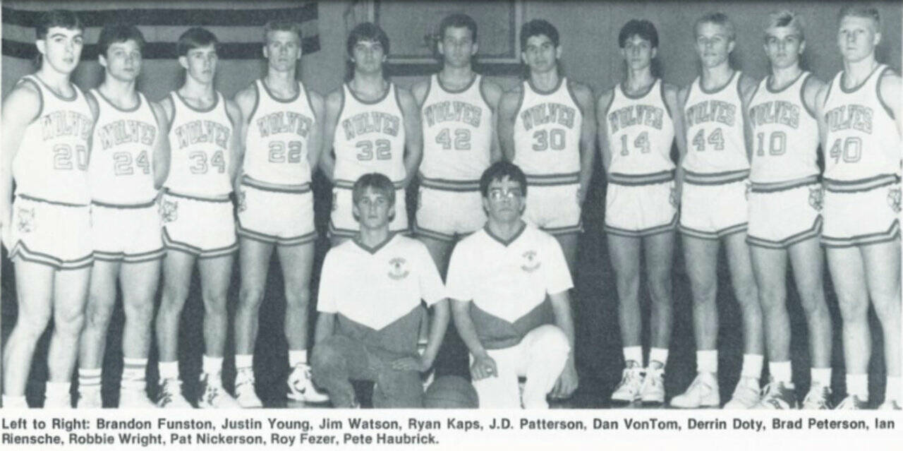 The 1988 Sequim High School basketball team. Coach Rick Kaps and player Ryan Kaps were inducted in the first Sequim HOF class, while Derrin Doty, also a member of the team, will be inducted in September as an individual.