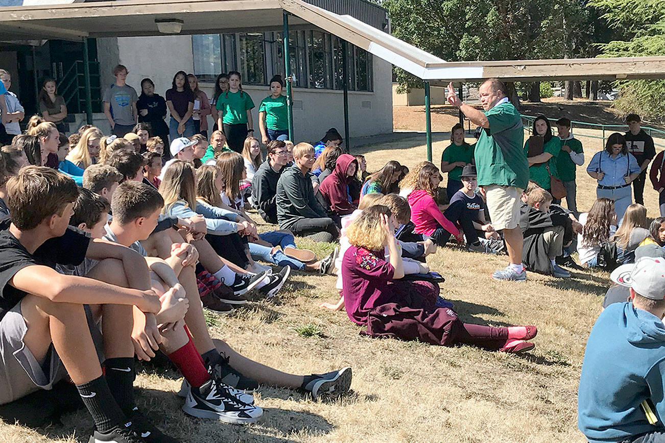 Port Angeles School District
Port Angeles Athletic Director Dwayne Johnson speaks to a group of freshman during a pre-COVID orientation session. Johnson has received the Gareth Giles Memorial Award recognizing him for his leadership and dedication to Washington state students from the Washington Interscholastic Activities Association.