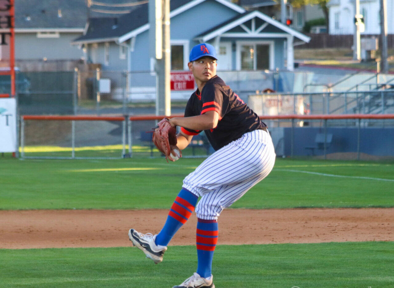 Takuma Sato pitched a complete-game one-hitter for the Lefties on Friday, striking out 12, earning him the honor of West Coast League Pitcher of the Week. (Maevis Photography/WCL)