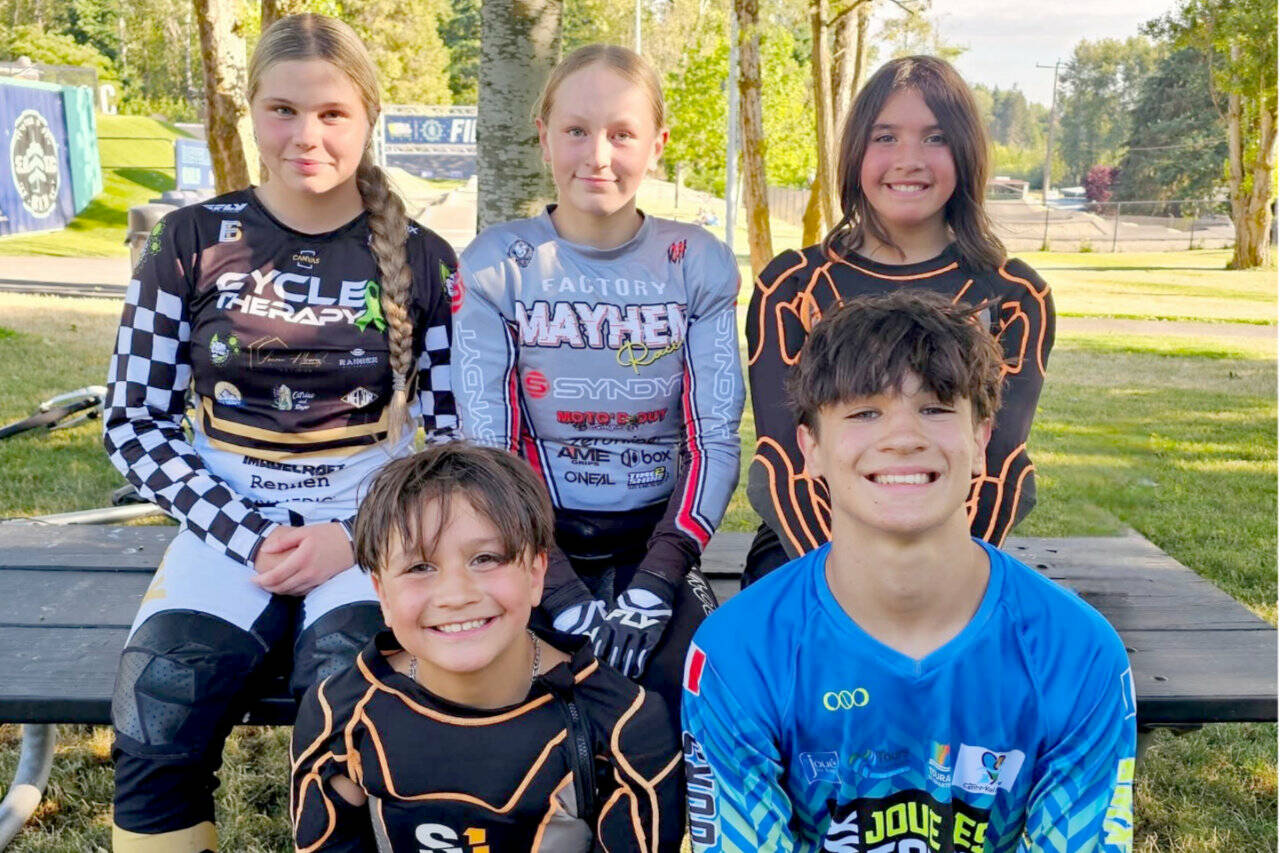 Five Lincoln Park BMX riders competed in last week's World BMX Championships in Copenhagen, Denmark. From left, back row, are Kylin Weitz, Teyah Elofson-Cross and Elinor Christensen. From left, front row, are Warren Christensen and Wyatt Christensen. (Lincoln Park BMX)