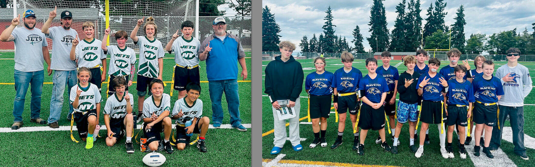 The Joyce Jets 11U champion flag football team. From left, back row, are coach Lukas Cox, coach Ryan Sage, Thomas Dalgardno, Desmond Sprague, Rebel Shea, Noah Murphie and coach Brian Shimko. From left, front row, are Emma Lee, Darren Heward, Koltyn White and William Goldman. (Sam Kneiss)