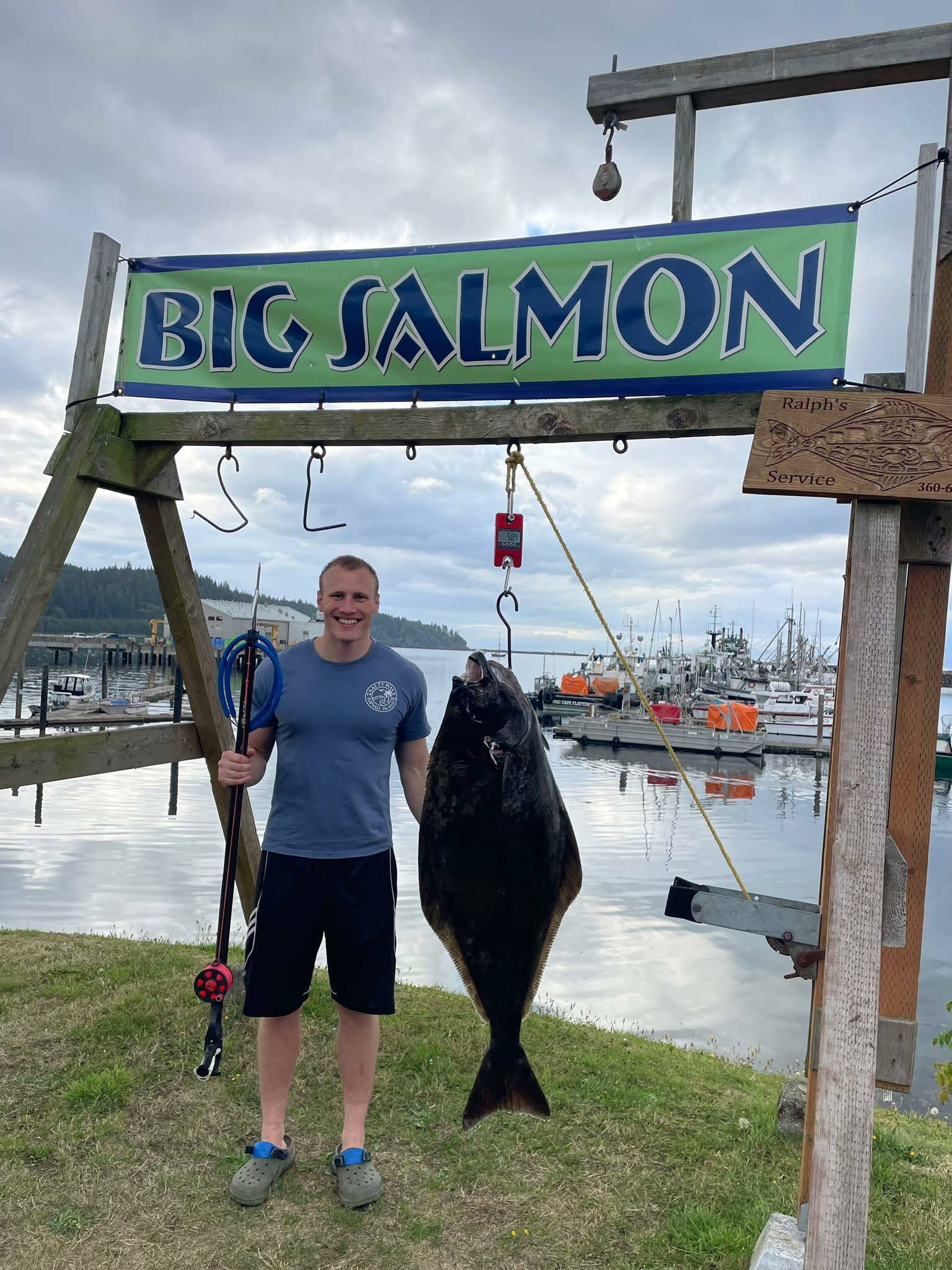 Gunnar Fjelstul set the state’s spear fishing record for halibut, catching this 58-pound flatfish while freediving over the weekend at Neah Bay. Fjelstul already held the state spearfish records for lingcod (31.34) and blue rockfish (5.08), both caught off Neah Bay in 2023.