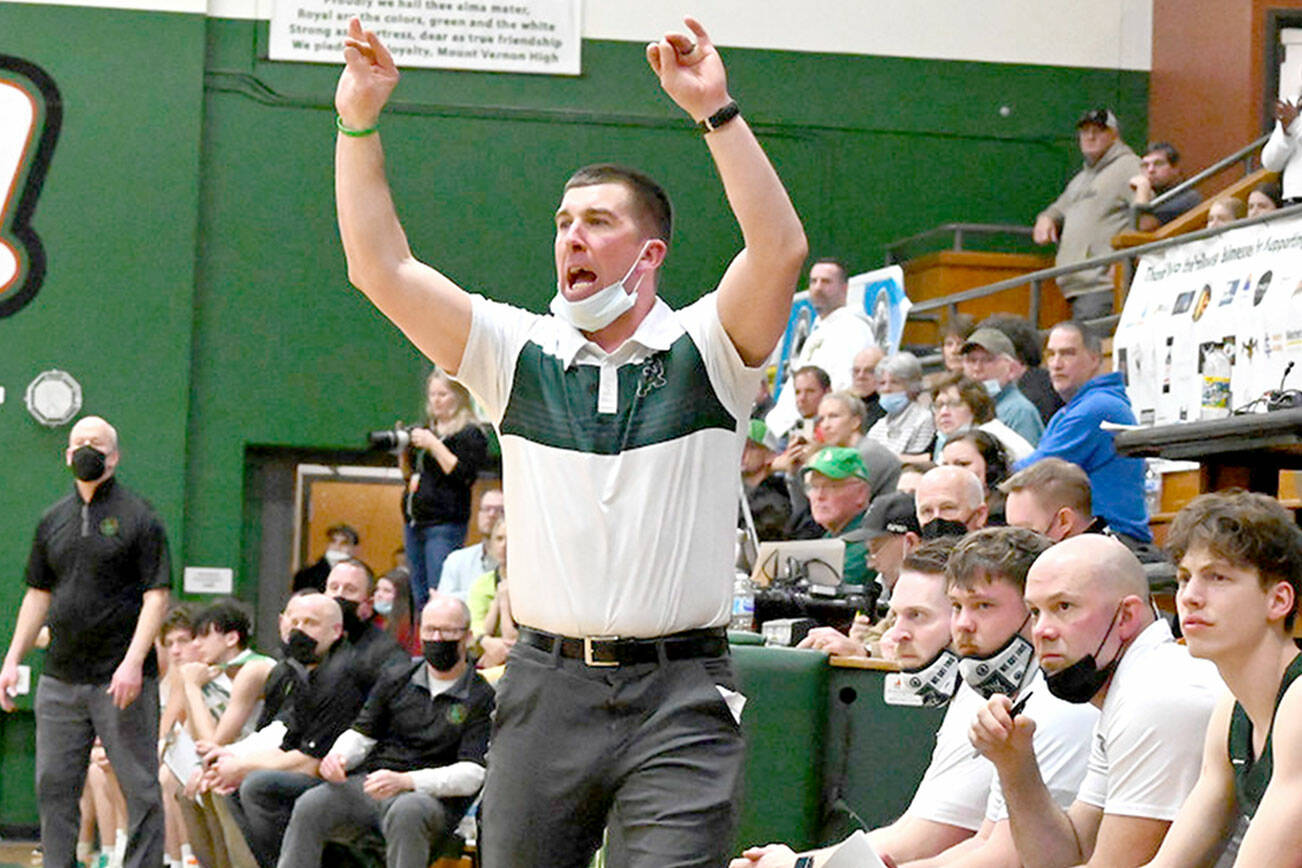 Michael Dashiell/Olympic Peninsula News Group
Kasey Ulin coaches the Port Angeles boys basketball team in a February 2022 state regional round contest with Lynden at Mount Vernon High School. Ulin has resigned after leading the Riders from 2014-25.