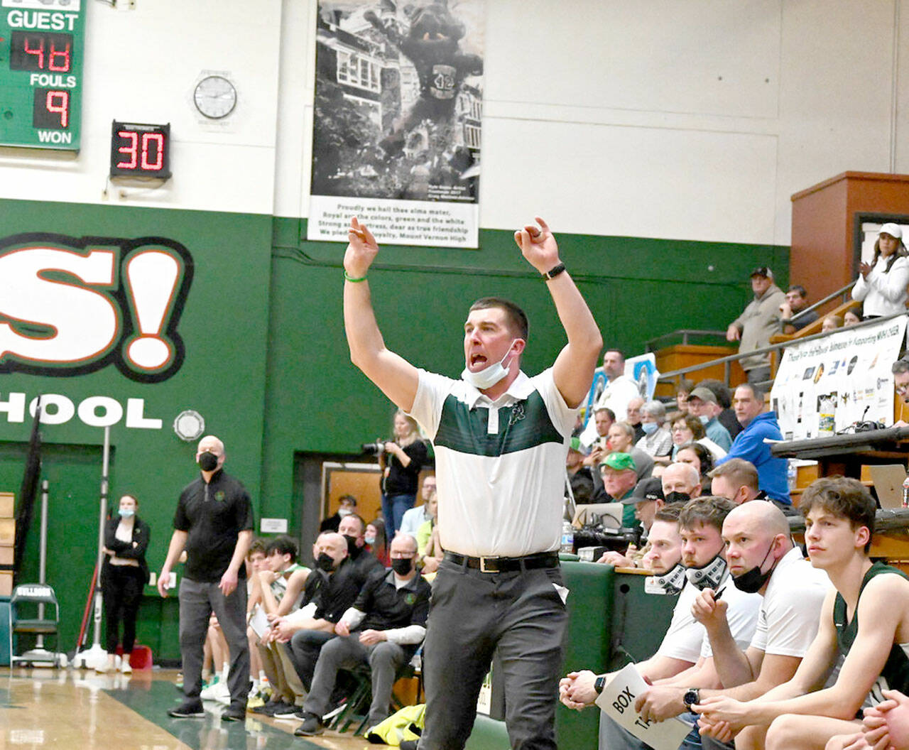 Michael Dashiell/Olympic Peninsula News Group Kasey Ulin coaches the Port Angeles boys basketball team in a February 2022 state regional round contest with Lynden at Mount Vernon High School. Ulin has resigned after leading the Riders from 2014-25.