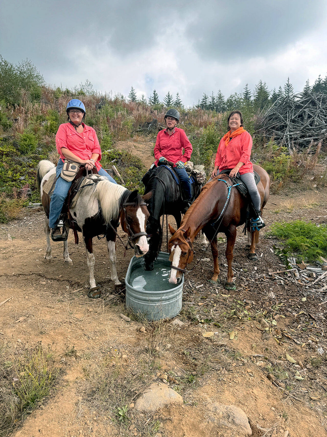 Photo by Helen Shrewman
Prize riders Michelle Neville, on Ellie, (Spanaway) left, Mary Quinn, on Scarlet, (Tahoma) and Camille Rucker, on Fancy (Rainier) take a break along the trail at the Snack Water Stop (set up for the ride by Peninsula Chapt).