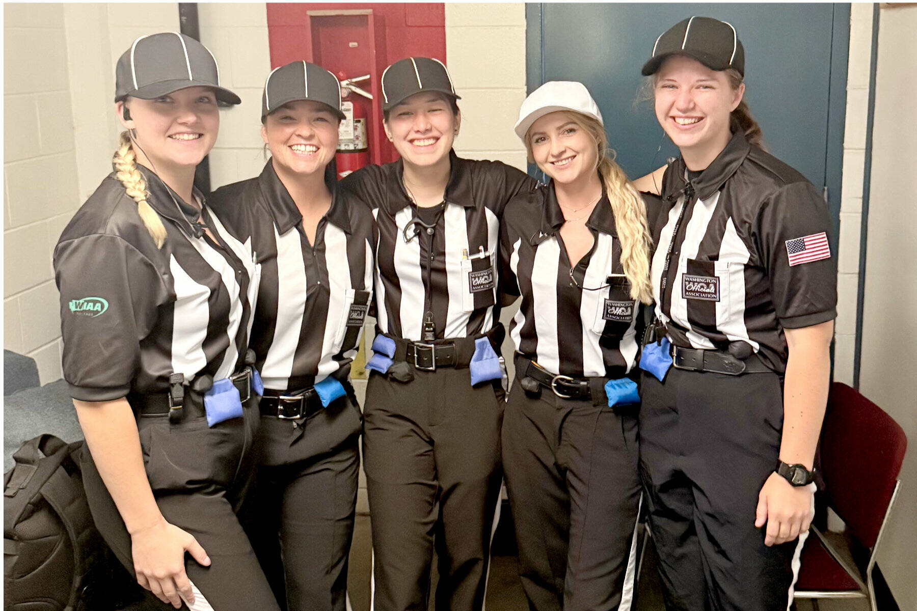 For the first time in Washington prep history, the Port-Angeles/Mount Baker game Sept. 5 was offiiciated by an all-woman crew. The officials were referee Kaila Olin, umpire Molly Mahan, back judge Shailah Wood, line judge Maggie Wright and head linesperson Rainee Signor. (Courtesy photo)