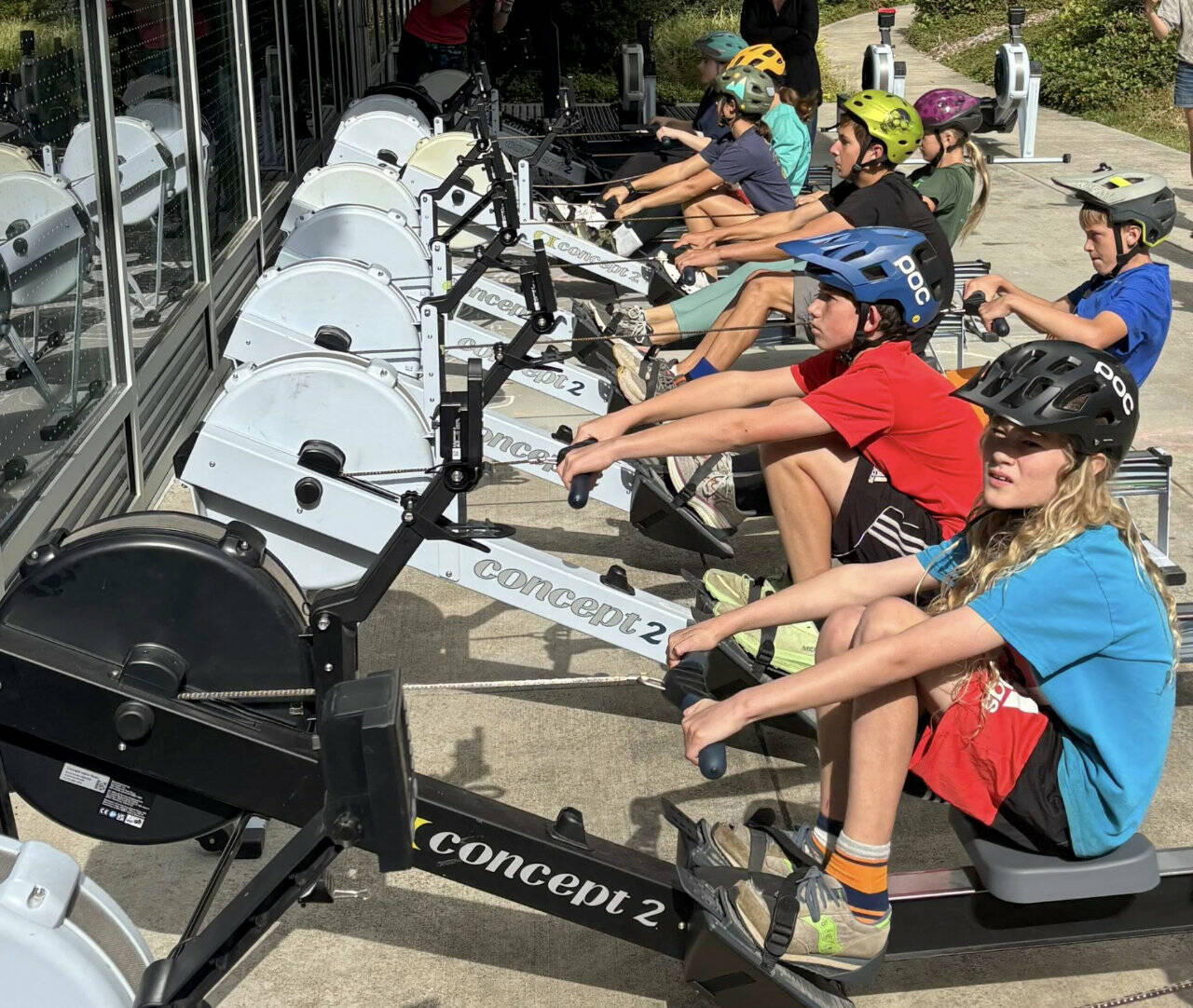 Kids compete on rowing machines at the Peninsula College campus as part of the Little Hurt on Sunday. The Little Hurt encourages youths from first through eighth grades to try different disciplines of running, cycling and rowing in conjunction with Peninsula Adventure Sport’s Big Hurt on the same weekend. Full names of winner are not available for kids under 13, but the seventh- eighth-grade winner was Levi Simoneau of Port Angeles. A total of 84 kids participated in the event. (Rick Ross/Peninsula College)
Kids compete on rowing machines at the Peninsula College campus as part of the Little Hurt on Sunday. The Little Hurt encourages youths from first through eighth grades to try different disciplines of running, cycling and rowing in conjunction with Peninsula Adventure Sport’s Big Hurt on the same weekend. Full names of winner are not available for kids under 13, but the seventh- eighth-grade winner was Levi Simoneau of Port Angeles. A total of 84 kids participated in the event. (Rick Ross/Peninsula College)