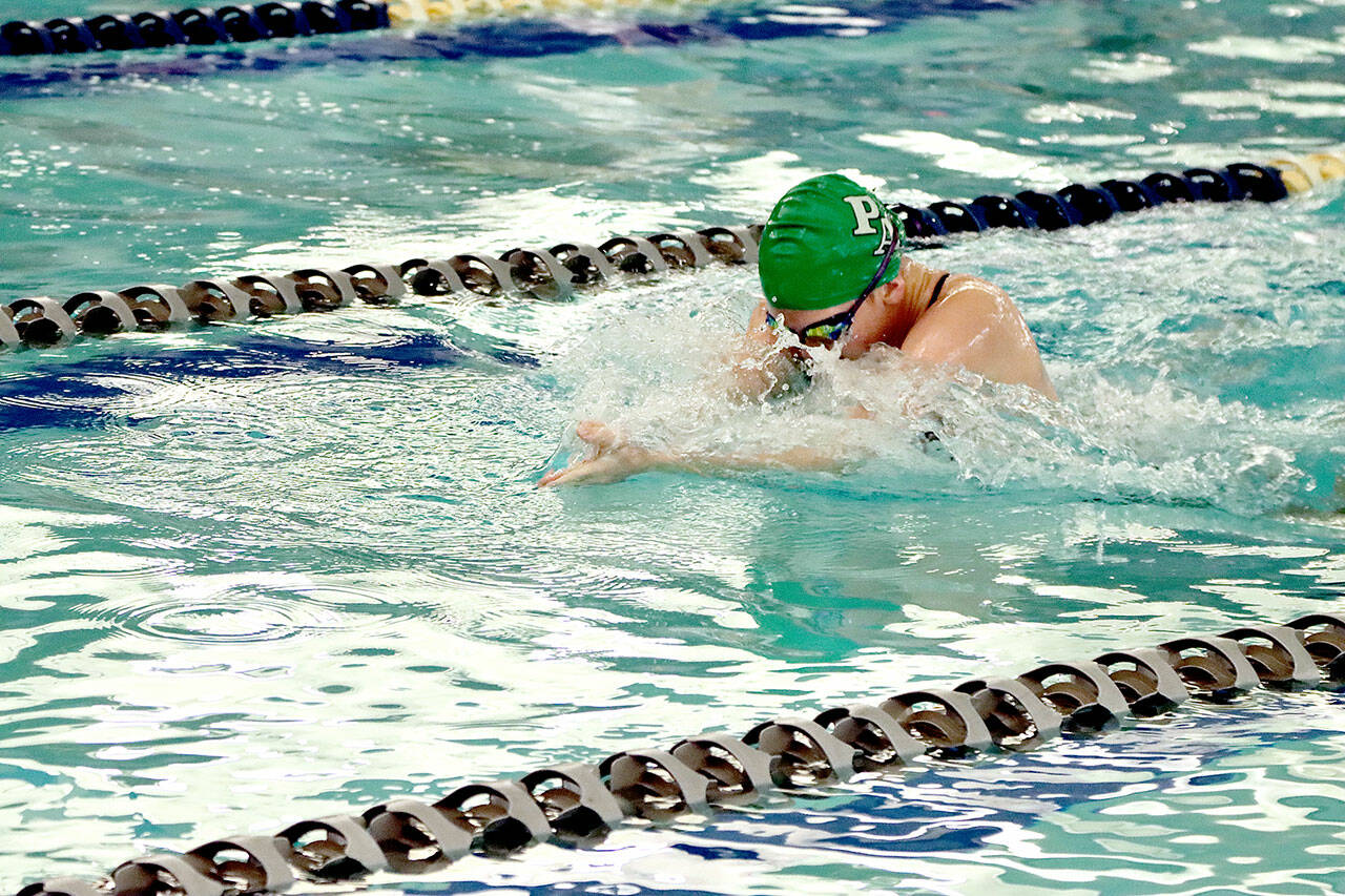 Dave Logan/for Peninsula Daily News Port Angeles freshman Ellie Karjalainen leads while swimming the breaststroke portion of the 200-yard medley relay race during a swim meet with East Jefferson on Wednesday at Shore Aquatic Center in Port Angeles.
