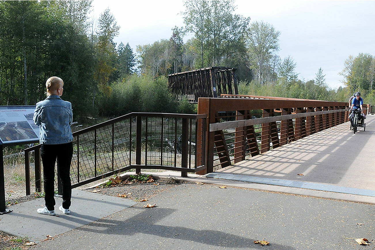 Josette Goarin of Sequim pauses at an informational kiosk as she watches a pair of bicyclists approach over a span connecting the railroad bridge to the Olympic Discovery Trail on Friday near the Dungeness Nature Center at Railroad Bridge Park in Sequim. The popular park and nearby nature center offer a glimpse of the Dungeness River watershed and provide a venue for outdoor leisure activities. (Keith Thorpe/Peninsula Daily News)