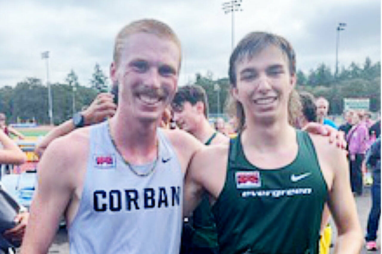 Corban College's Jack Gladfelter, left and The Evergreen State College's Max Baeder, right, after competing in the Charles Bowles Cross-Country Invitational in Salem, Ore., last week. (Joe Gladfelter)