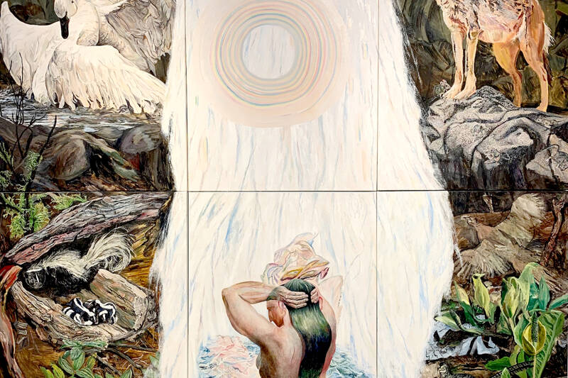 Sally Jablonsky’s “Waterfall Drama” is a large-scale painting in the “Sally’s World” solo exhibition, which will open this week at Northwind Art’s Jeanette Best Gallery. (Sally Jablonsky)