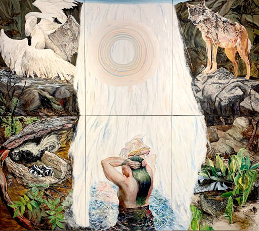 Sally Jablonsky’s “Waterfall Drama” is a large-scale painting in the “Sally’s World” solo exhibition, which will open this week at Northwind Art’s Jeanette Best Gallery. (Sally Jablonsky)