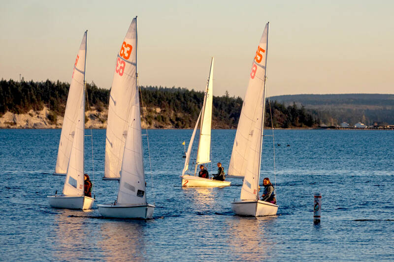 A sailing class practices boat-handling skills on Port Townsend Bay. (Steve Mullensky/for Peninsula Daily News)