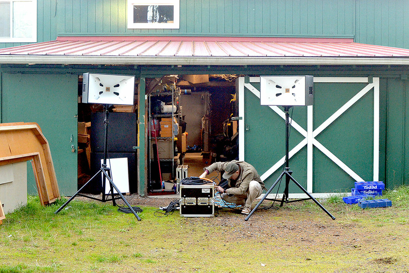 DJ Mark Hardy’s newly completed speakers will animate the dance floor at the Memento Mori Party on Oct. 31. (Elijah Sussman/Peninsula Daily News)