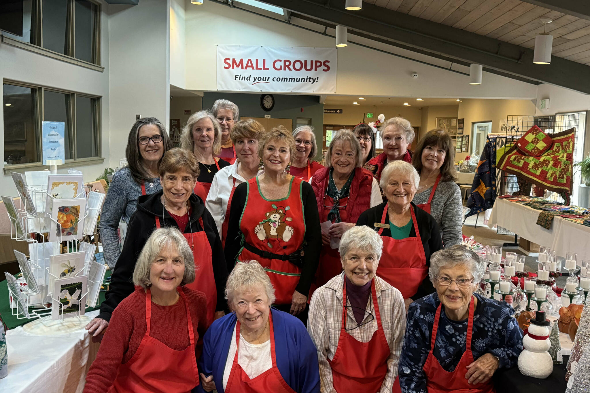 Philanthropic Educational Organization Chapter JC members who hosted the 2024 Holiday Bazaar in Sequim are, from left to right, front to back: Mary Ann Dangman, Jane Martin, Valerie Grier, Esther Alward, Peggy Scheideler, Darlene Neeley, Dottie Smallbeck, Debby Jewell, Anne Schutz, Jane Barker, Heather Minter, Nancy Buehler, Marcia Barrett, Julianne Rossiter, Glenda Rudolph, and Anne Mauger. (Kathy Cox)
