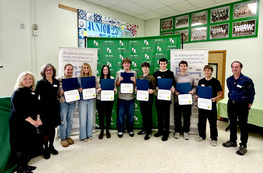 From left, Port Angeles Education Foundation vice president Terri Longin, PAEF board member Annette Wendel, Elizabeth Shaw, Becca Manson, Julianna Getzin, Jensen Wolfe, Killian Waknitz, Andre Campbell, Ian Smithson, Phillip Grubbs and PAEF board member John Gallagher. Not pictured is Grant Butterworth.