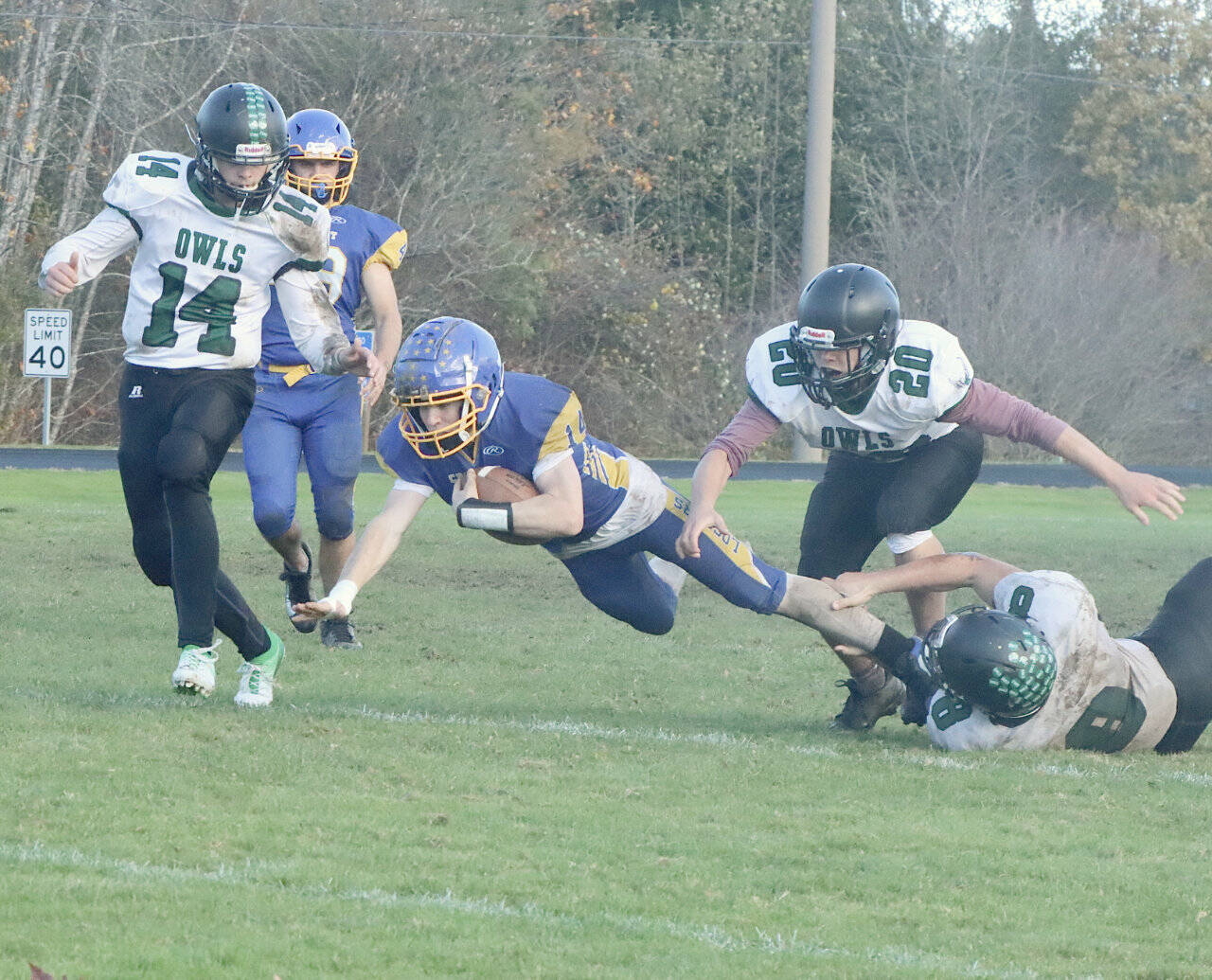 Crescent’s Liam Sprague stretches for more yardage against Mary M. Knight on homecoming day at Crescent High School. The Loggers won to finish the season 9-0. (Dave Logan/for Peninsula Daily News)