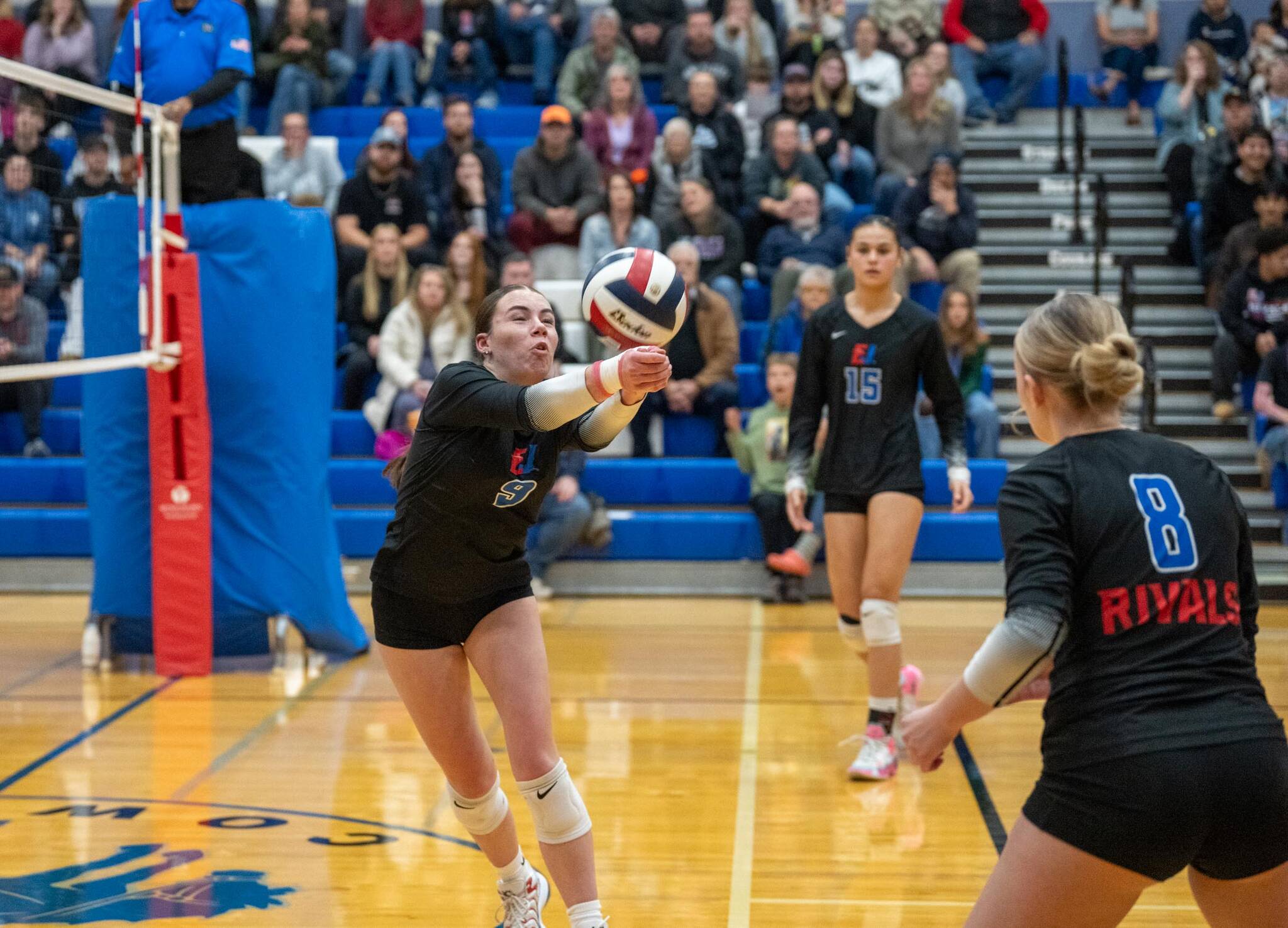 Steve Mullensky/for Peninsula Daily News
East Jefferson’s Grace Liske, left, returns the ball as teammates Penina Vaiolo, back, and Emily Liske look on during a Class 1A West Central District volleyball tournament loser-out contest with Seattle Christian at Chimacum High School on Tuesday. The Rivals fell 3-1 to the Warriors to end their season with a 13-5 record, a seven-win improvement from 2024 and the first winning season since Chimacum and Port Townsend combined athletics in 2021.