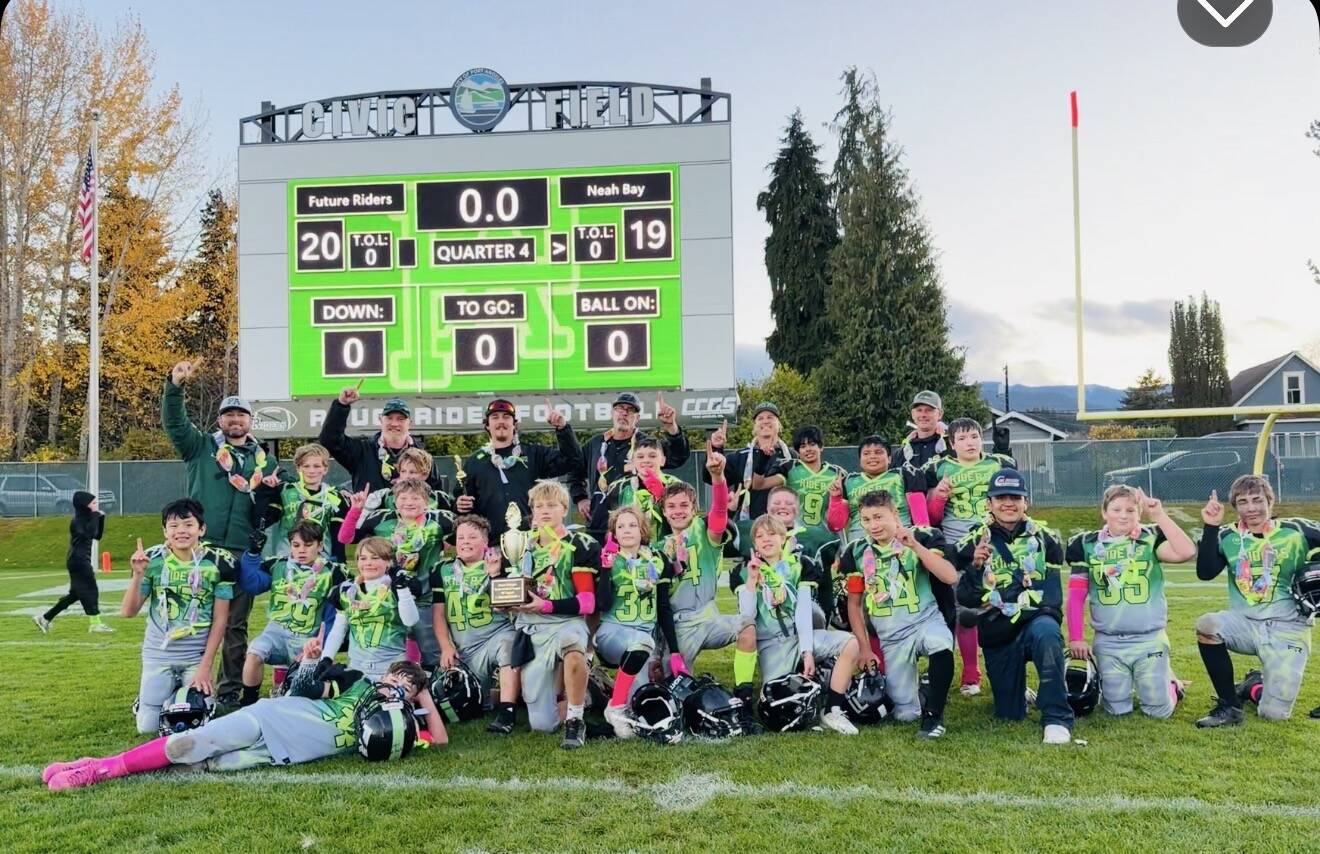 The Port Angeles Future Riders edged Neah Bay 20-19 in the North Olympic Youth Football A Squad Championship last Saturday at Civic Field. The Future Riders A Squad finished the season unbeaten at 7-0. Team members are Mason Martinez, Jarrett McNeely, Ryan Somers, Nick Somers, Blake Botero, Oliver Mathis, Blake Petersen, Taco Armenta, Wiliam Paings, Gurvey Singh, Kellen Irvine, Trust Christenson, Iren Coffey, Colby Horejsi, Leroy Armentat, Jacob Potter, Everett Andreason, Axel Plute, Silas Cooper, Kaidence Brant, Thomas Possinger, Preston Smith and Colin Neese. The team was coached by head coach KC Spencer, Grey Olekas, Shane Martin, Adam Plute, Joe Coffey and Brandon Irvine.