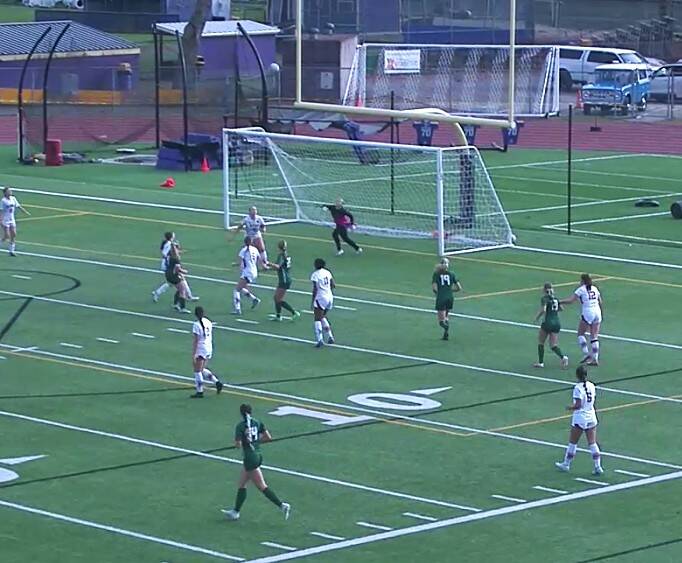 Port Angeles' Emma Desjardins knocked a ball high in the air off a throw-in to score the Riders' first goal Saturday against Orting. (Hudl)