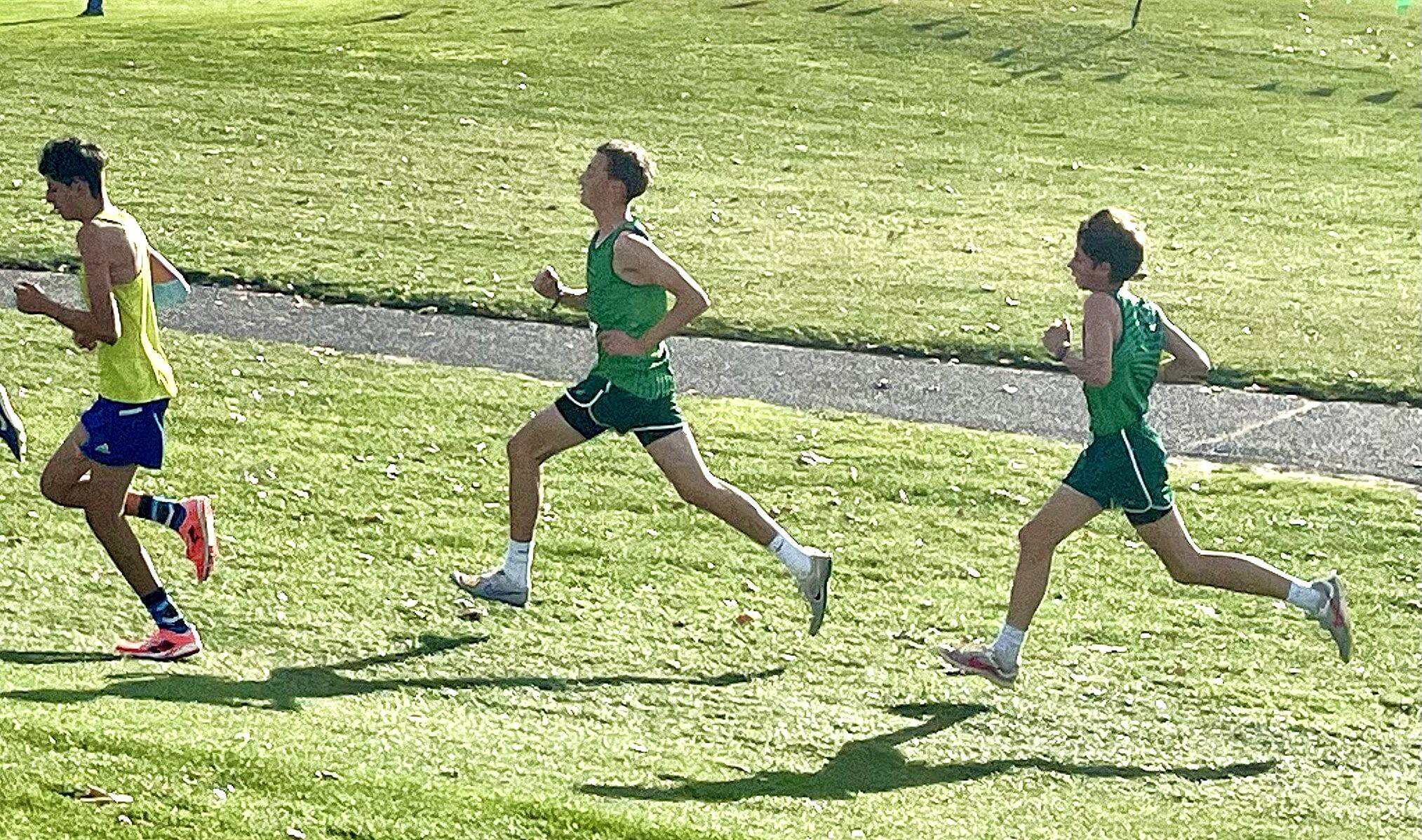 Port Angeles' Henry Wendel and Jay Lieberman in the state 2A cross-country race at Sun Willows Golf Course in Pasco. (Angie Gooding)
