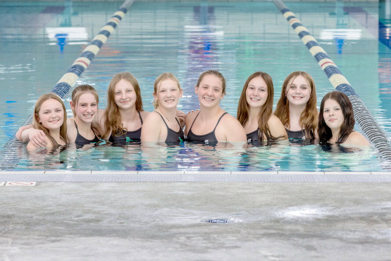 The Port Angeles District 3 swim team will send three relay swimmers and three individuals to state. From left, are Mia Francis, Chloe Kay-Sanders, Anaya Tejeda, Ellie Karjalainen, Lizzy Shaw, Lynzee Reid, Lucy Townsend and Amayah Nelson.