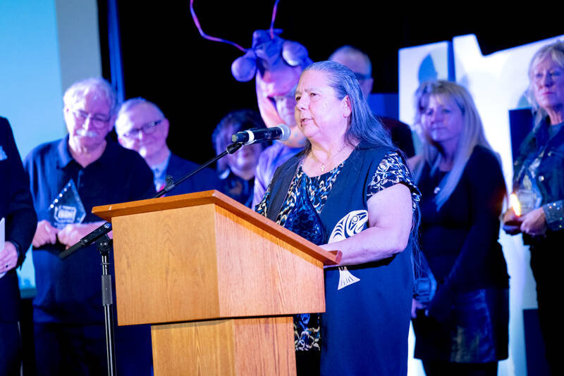 The Washington Festival and Events Association’s 2025 Pacific Northwest Summit Award winners were presented Oct. 30 at the WFEA Awards Dinner and Auction in the Regency Ballroom in Bellevue. The event of the year award in the small market category was the Lower Elwha Canoe Paddle, accepted by tribal chair Frances Charles. (Shanna Paxton Photography)