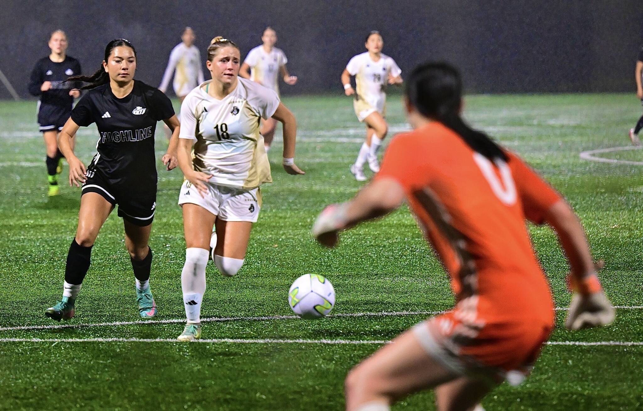 Kasi Baker (18) scored a goal for the Peninsula College in the NWAC semifinals Friday in Tukwila. (Jay Cline/Peninsula College)