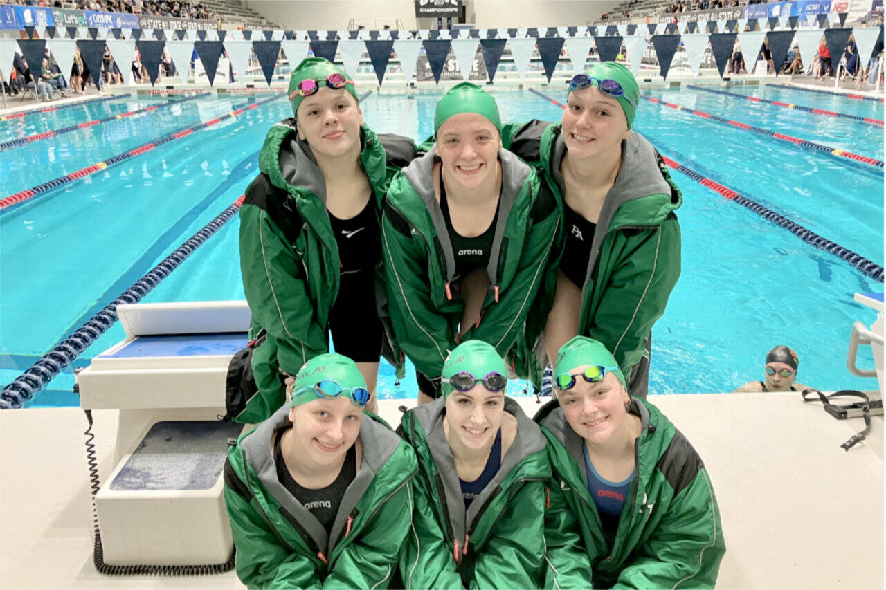 The Port Angeles girls swim team finished 12th at state this weekend. From left, top row, are Amayah Nelson, Lizzy Shaw and Lynzee Reid. From left, bottom row, are Anaya Tejeda, Chloe Kay-Sanders and Mia Francis. (Sally Cole)