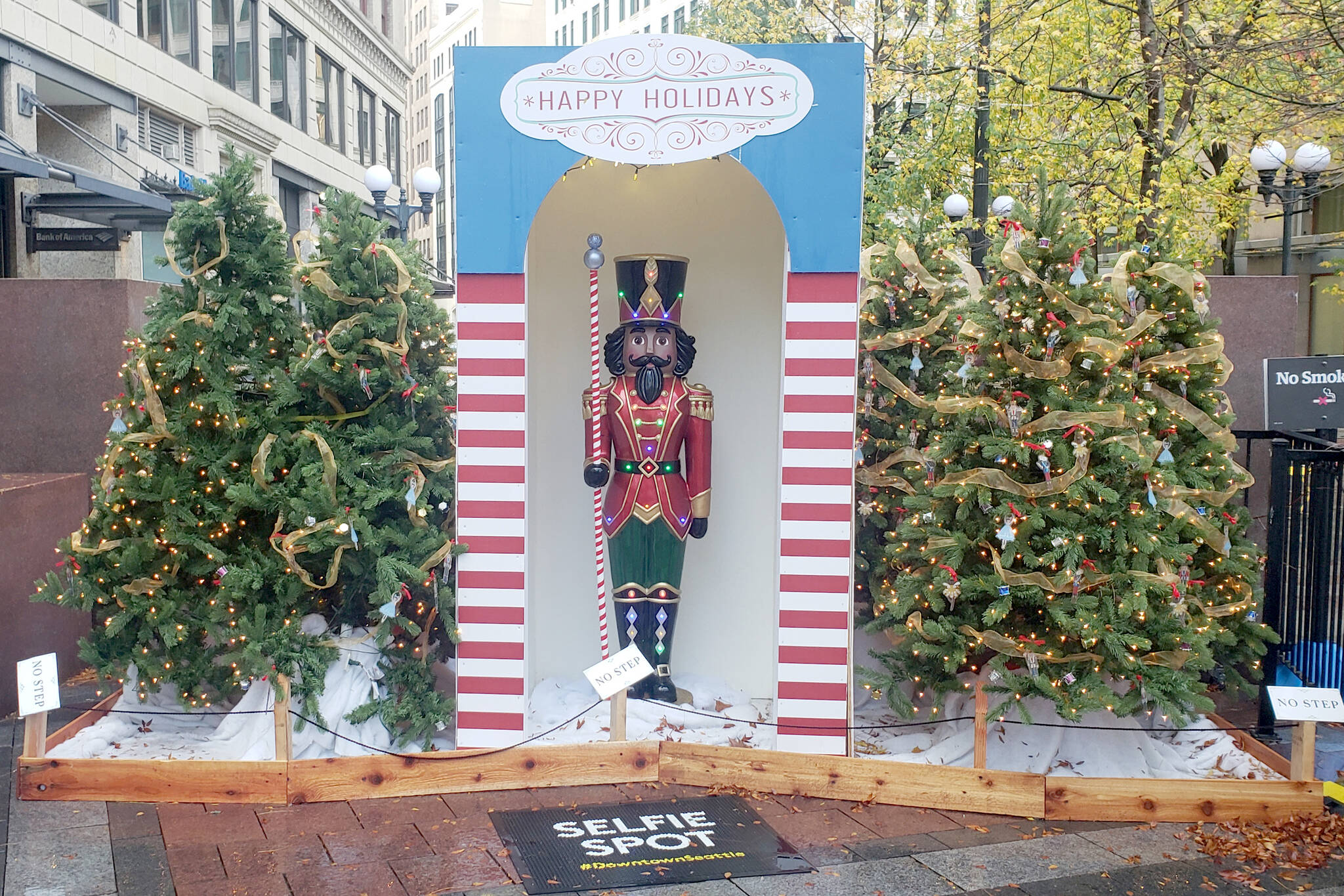 The Nutcracker is highlighted in a set piece from Westlake Park in Seattle that will be part of Tuesday’s Opening Ceremonies for the Olympic Medical Center Foundation’s Festival of Trees. The outdoor welcome on the Vern Burton Community Center lawn also will include huge, LED-lighted Christmas ornaments, a ballet and a snow-making machine. (Olympic Medical Center Foundation)