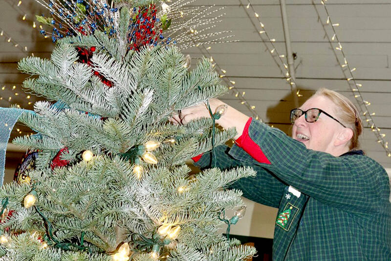 Sherilyn Seyler puts the lights on her tree for the Festival of Trees on Monday. Her tree is named “Christmas at the Hucklebeary Ranch.” There will be 45 trees and a variety of wreaths, all created by some of the Peninsula’s best designers, some of whom have decorated trees for all 35 years of the Olympic Medical Center Foundation event. Opening ceremonies will begin today at 5 p.m. at the Vern Burton Community Center, 308 E. Fourth St., Port Angeles. (Dave Logan/for Peninsula Daily News)