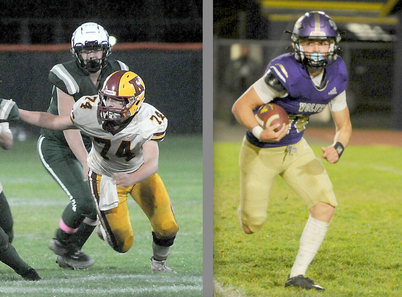 Port Angeles’ Hunter Flores, left, and Sequim’s Zeke Schmadeke, right, made the all-Olympic League first team for both defense and offense. Schmadeke was also named to the special teams first team as a kick returner. (Keith Thorpe/Peninsula Daily News and Michael Dashiell/Olympic Peninsula News Group)
