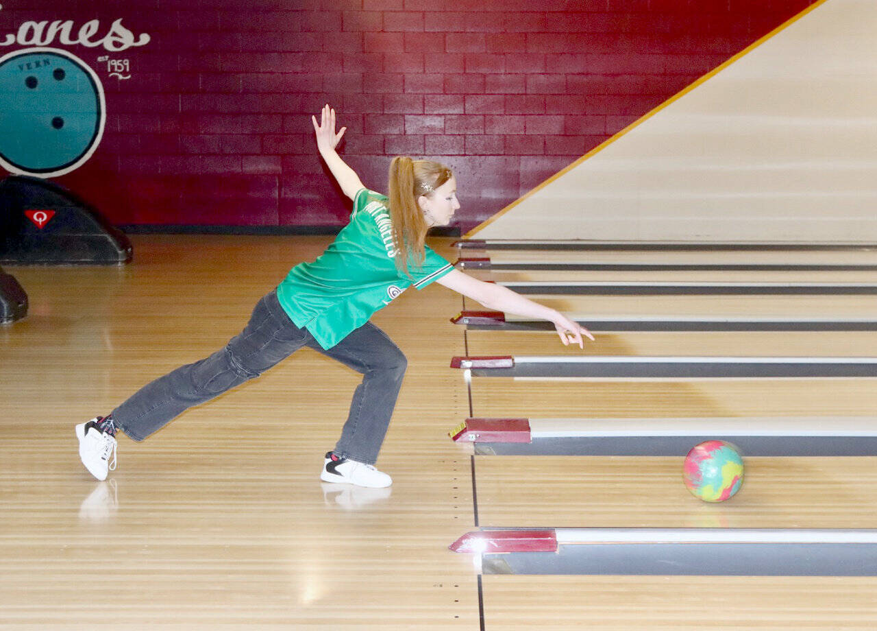 Port Angeles’ Kenadie Ring competes against Sequim at Laurel Lanes on Monday, Ring bowled a 145 and 153 to help lead the Roughriders to a 7-0 win over the Wolves. (Dave Logan/for Peninsula Daily News)