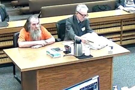 John Barcellos, 61, left, next to his defense attorney John Hayden, was sentenced to 77 months in prison on Nov. 18 in Clallam County Superior Court for threatening to kill four children and attempting to elude law enforcement more than two years ago in a Sequim church parking lot. (Clallam County)